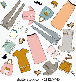 Set of woman`s clothes in last fashion. Seamless vector