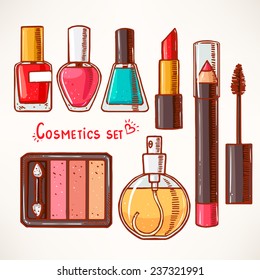 set with woman's decorative cosmetics. hand-drawn.