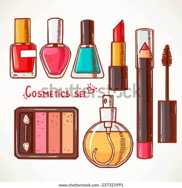 set with woman's decorative cosmetics. hand-drawn.