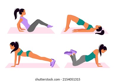Set Womans doing fitness and yoga exercises Workout girl set Warming up stretching