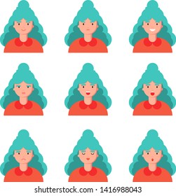 Set of woman's emotions avatar. Cute cartoon Blue hair Girl character face with different facial expression collection. Colorful vector illustration in flat style.