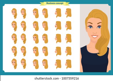 Set of woman's emotions design. Facial expression. Girl Avatar.Front, side, profile view animated character. Vector illustration of a cartoon style.Business girl character creation set. Face