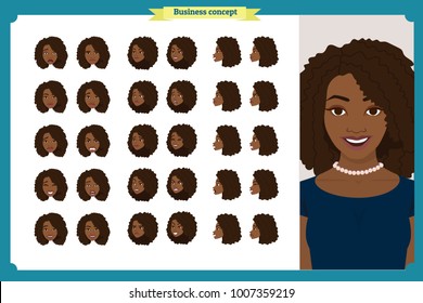 Set of woman's emotions design. Facial expression. Girl Avatar.Front, side, profile view animated character. Vector illustration of a cartoon style.Business girl character creation set. Face