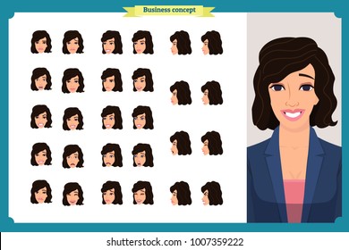 Set of woman's emotions design. Facial expression. Girl Avatar.Front, side, profile view animated character. Vector illustration of a cartoon style.Business girl character creation set. Face