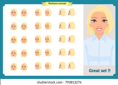 Set of woman's emotions design. Facial expression. Girl Avatar.Front, side, profile view animated character. Vector illustration of a cartoon style.Business girl character creation set. Face