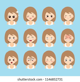 Set of woman's emotions. Facial expression. Girl Avatar. Vector illustration of a cartoon design. Lady with different face expressions set.