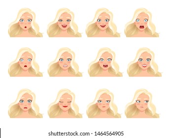 Set of woman's emotions. Facial expression. Girl Avatar. Vector illustration of a cartoon style