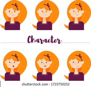 Set of woman's emotions. Facial expression. Girl Avatar. Vector illustration of a cartoon style