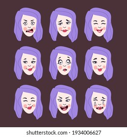 Set of woman's emotions. Facial expression. Girl Avatar, illustration in flat design, Vector format