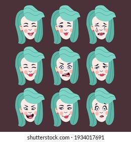 Set of woman's emotions. Facial expression. Girl Avatar, illustration in flat design, Vector format