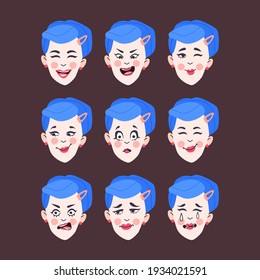 Set of woman's emotions. Facial expression. Girl Avatar, illustration in flat design, Vector format