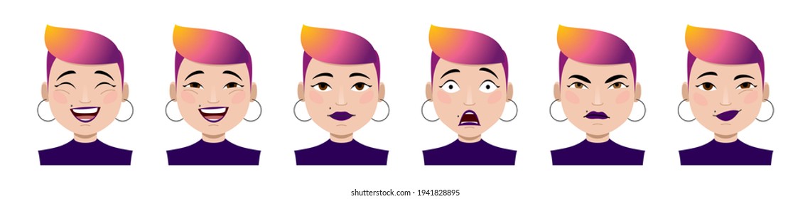 Set of woman's emotions. Facial expression. Emo Girl Avatar. Girl with colored, pink hair. Joy, sadness, anger, talking, funny, fear, smile. Flat Vector illustration of a cartoon style.