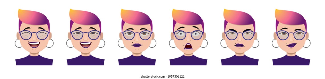 Set of woman's emotions. Facial expression. Emo Girl Avatar. Girl with colored, pink hair, glasses. Joy, sadness, anger, talking, funny, fear, smile. Flat Vector illustration of a cartoon style.