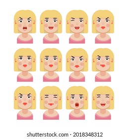 Set of woman's emotions. Facial expression. Girl Avatar, illustration in flat design, Vector format