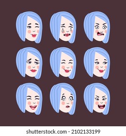 Set of woman's emotions. Facial expression. Girl Avatar. Illustration of a flat design, Vector format