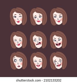 Set of woman's emotions. Facial expression. Girl Avatar. Illustration of a flat design, Vector format