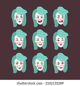 Set of woman's emotions. Facial expression. Girl Avatar. Illustration of a flat design, Vector format