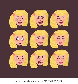 Set of woman's emotions. Facial expression. Girl Avatar. Illustration of a flat design Vector format