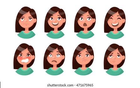 Set of woman's emotions. Facial expression. Girl Avatar. Vector illustration of a flat design