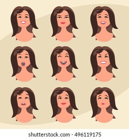 Set of woman's emotions. Facial expression. Girl Avatar. Vector illustration in flat design style