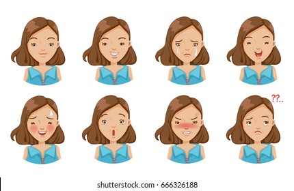 Set of woman's emotions. Facial expression.  Vector illustration Isolated on white background