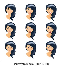 Set of woman's emotions. Facial expression. Brunette girl Avatar.