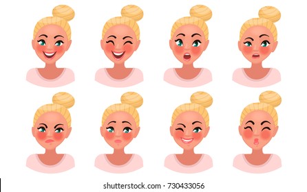 Set of woman's emotions. Facial expression. Girl Avatar. Vector illustration of a cartoon style
