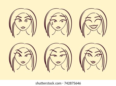 Set of woman's emotions. Facial expression.  Vector illustration of a line art design.