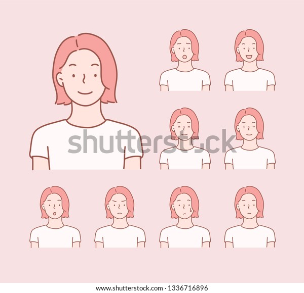 Set Womans Emotions Facial Expression Hand Stock Vector Royalty Free 1336716896 1952