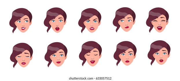 Set of woman's emotions. Girl face with different  facial expression collection. Colorful vector illustration in flat style.