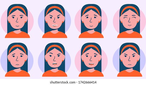 Set of woman's emotions.
Stock vector illustration. 