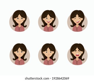Set of woman's emotions. Young woman emoji character with different expressions. Girl Avatar. Vector illustration of a flat design