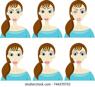 Set of woman's emotions.Vector illustration of a flat design. Facial expression.