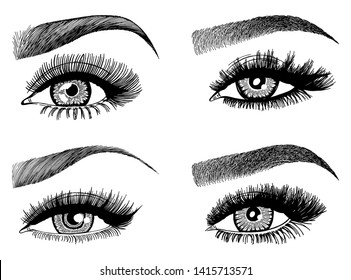 Set with woman's eyes, eyelashes and eyebrows. Makeup Look. Tattoo design. Logos for brow bar or lash salon.