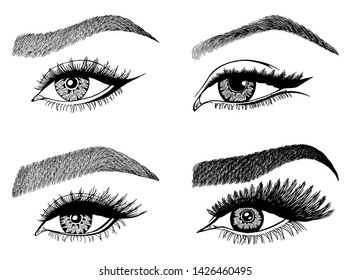 Set with woman's eyes, eyelashes and eyebrows. Makeup Look. Tattoo design. Logos for brow bar or lash salon.