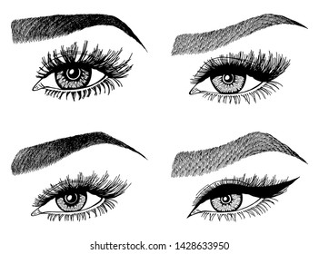 Set with woman's eyes, eyelashes and eyebrows. Makeup Look. Tattoo design. Logos for brow bar or lash salon.