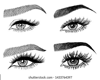 Set with woman's eyes, eyelashes and eyebrows. Makeup Look. Tattoo design. Logos for brow bar or lash salon.