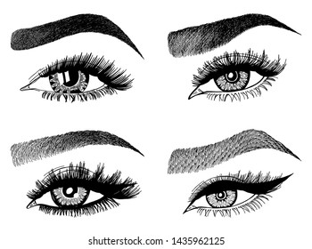 Set with woman's eyes, eyelashes and eyebrows. Makeup Look. Tattoo design. Logos for brow bar or lash salon.
