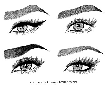 Set with woman's eyes, eyelashes and eyebrows. Makeup Look. Tattoo design. Logos for brow bar or lash salon.