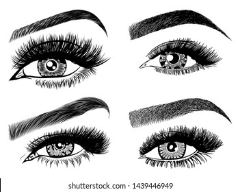 Set with woman's eyes, eyelashes and eyebrows. Makeup Look. Tattoo design. Logos for brow bar or lash salon.