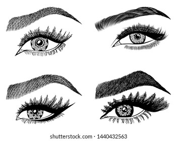 Set with woman's eyes, eyelashes and eyebrows. Makeup Look. Tattoo design. Logos for brow bar or lash salon.
