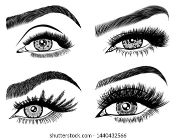 Set with woman's eyes, eyelashes and eyebrows. Makeup Look. Tattoo design. Logos for brow bar or lash salon.