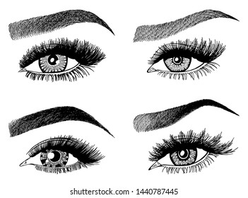 Set with woman's eyes, eyelashes and eyebrows. Makeup Look. Tattoo design. Logos for brow bar or lash salon.