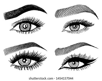 Set with woman's eyes, eyelashes and eyebrows. Makeup Look. Tattoo design. Logos for brow bar or lash salon.
