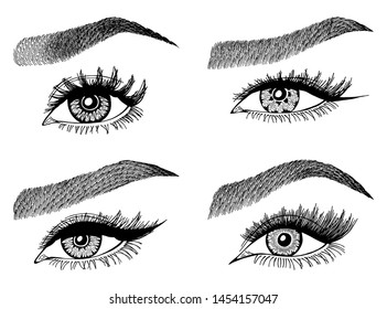 Set with woman's eyes, eyelashes and eyebrows. Makeup Look. Tattoo design. Logos for brow bar or lash salon.