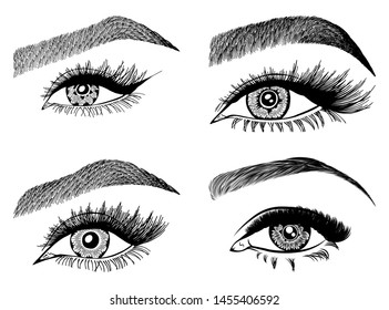 Set with woman's eyes, eyelashes and eyebrows. Makeup Look. Tattoo design. Logos for brow bar or lash salon.