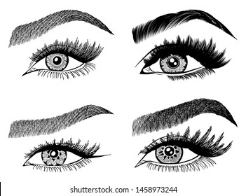Set with woman's eyes, eyelashes and eyebrows. Makeup Look. Tattoo design. Logos for brow bar or lash salon.