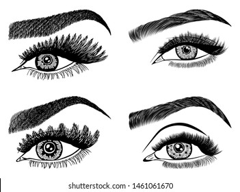 Set with woman's eyes, eyelashes and eyebrows. Makeup Look. Tattoo design. Logos for brow bar or lash salon.