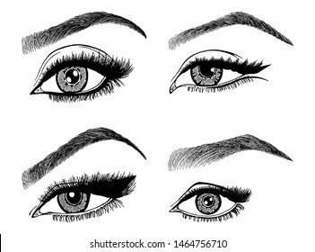 Set with woman's eyes, eyelashes and eyebrows. Makeup Look. Tattoo design. Logos for brow bar or lash salon.