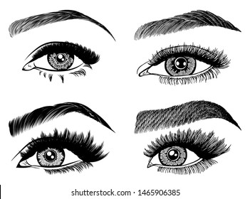 Set with woman's eyes, eyelashes and eyebrows. Makeup Look. Tattoo design. Logos for brow bar or lash salon.